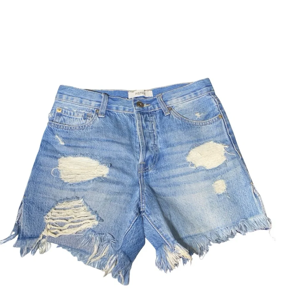Pistola High Rise‎ Distressed Denim Shorts - Raw Hem Light Wash - Size 25